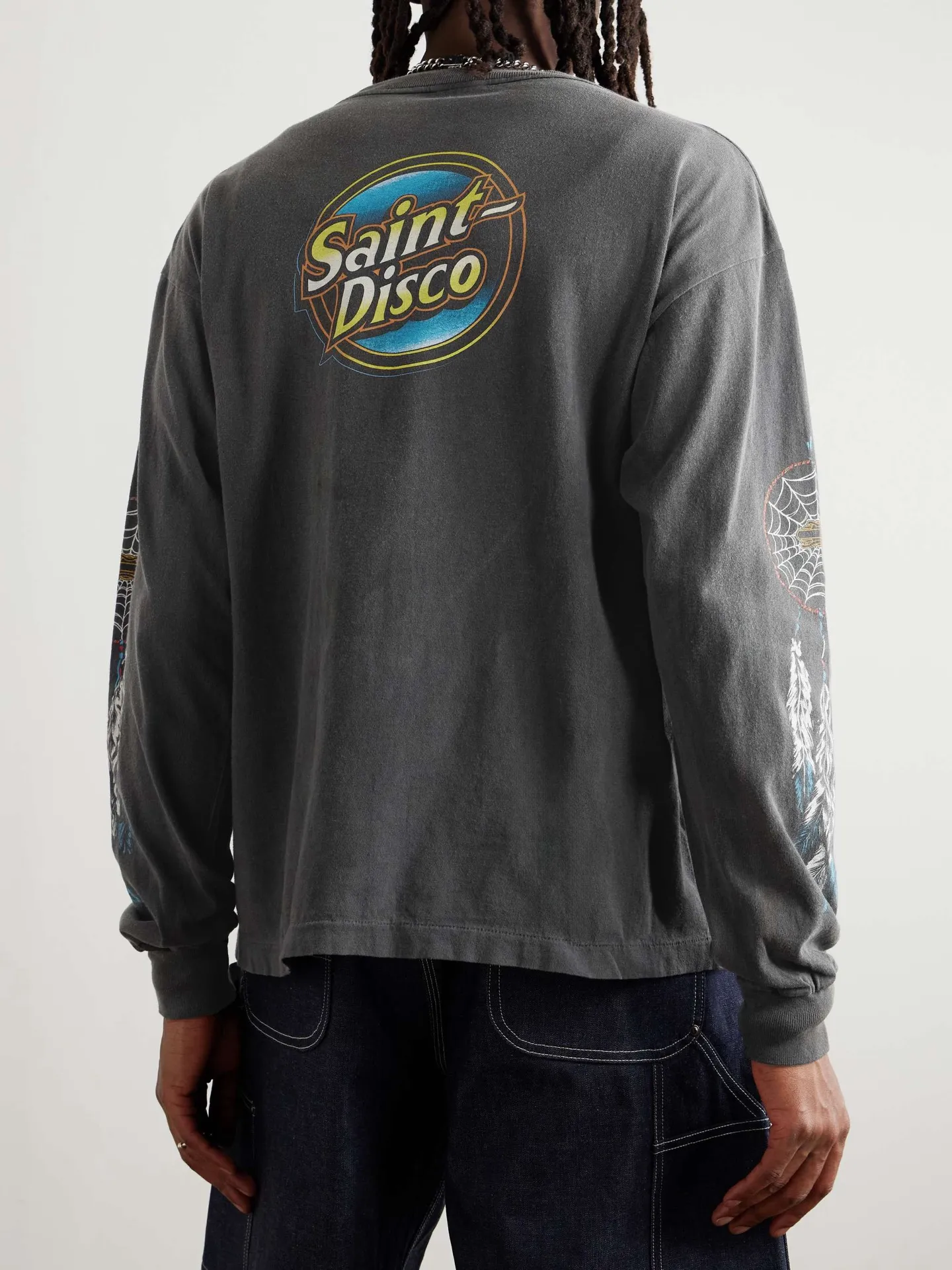 SAINT Mxxxxxx x TEFLON DISCO SAINT DISCO ML_LS TEE/BLK Eagle Feather Spider Web Distressed Long Sleeves, Washed Black S-XL, Ready-made Assute Dyeing, Water Spray Fading Treatment, Customized TEFLON DISCO co-branded accessories, Hand-splashed ink, Wormhole fraying treatment, Authentic level printing process